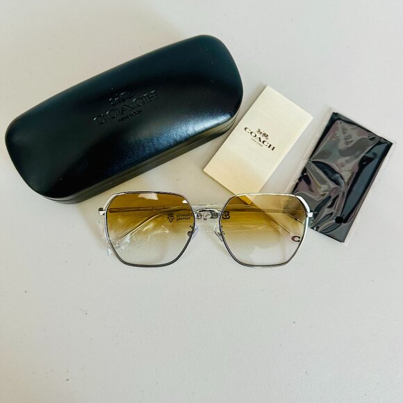 NEW COACH SHINY SILVER YELLOW CLEA GRADIENT LENS SUNGLASSES HC 7165 D 60MM - Picture 1 of 13